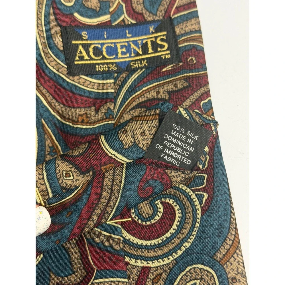 VTG Silk Accents Necktie Burgundy Blue Gold Paisley Formal Wedding Mens One Size